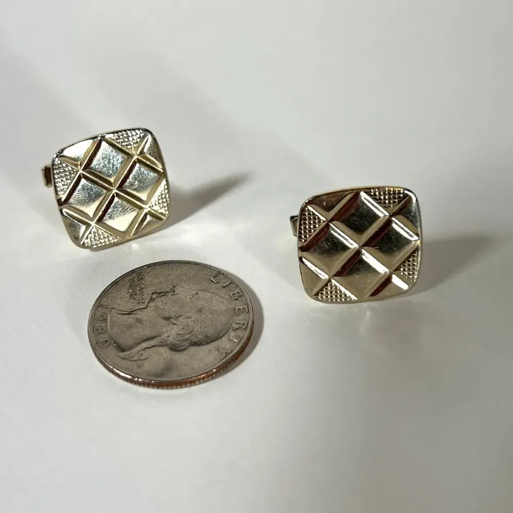 Gold Tone Quilted Cufflinks, Vintage Retro Mid Century Cuff Links